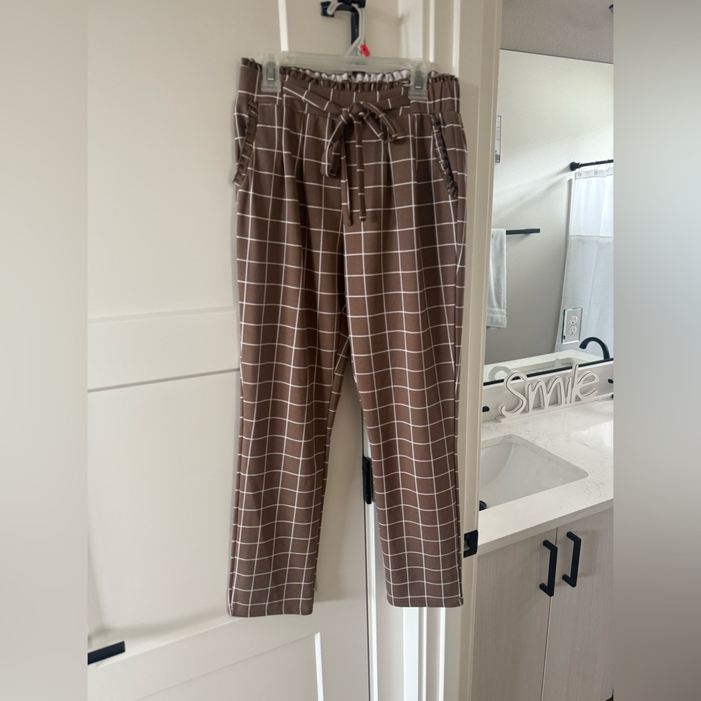 Women’s drawstring  Brown Checkered Pants